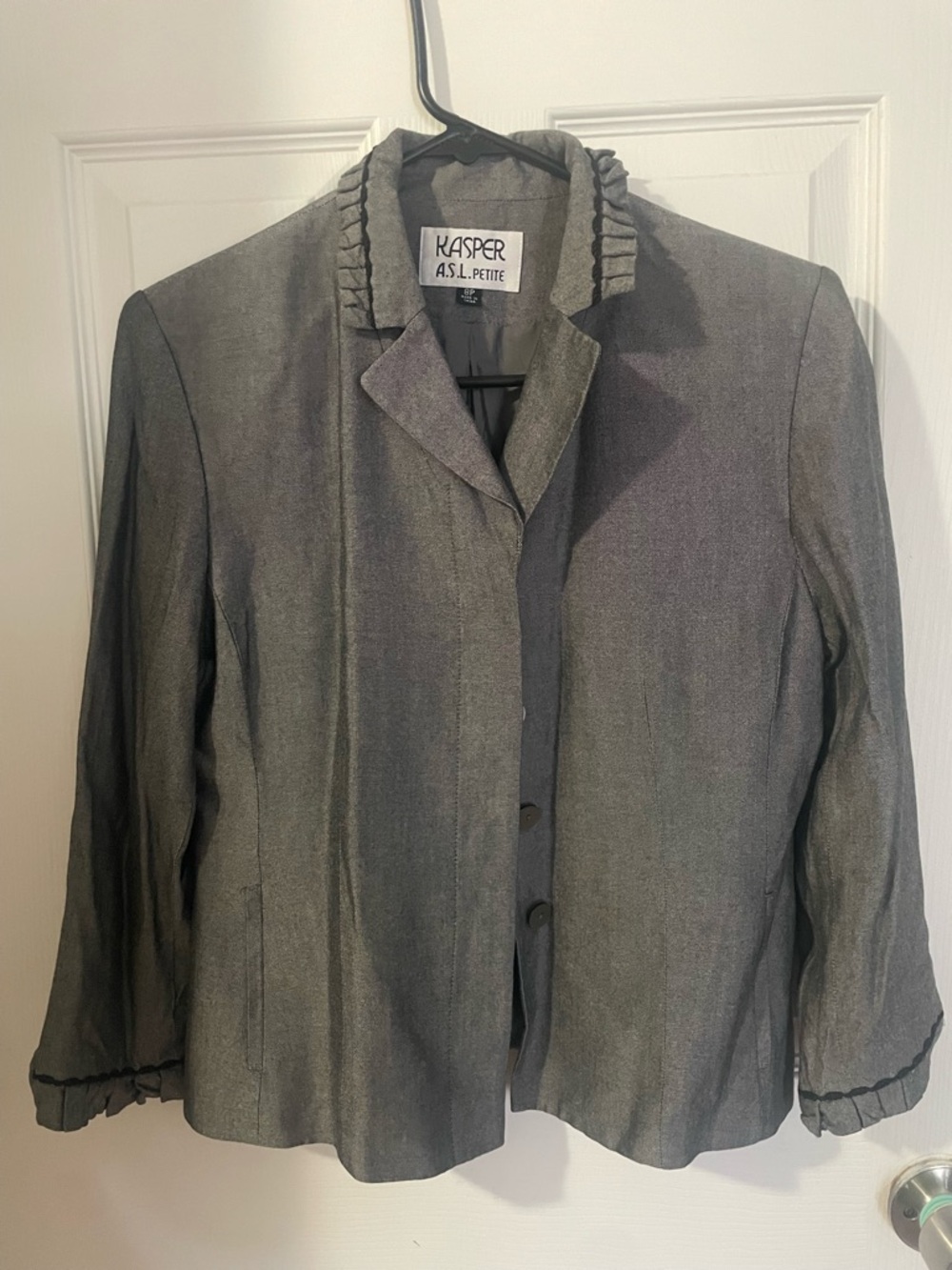 Kasper Petite Gray Ruffle-Trim Blazer